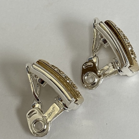 Vintage Monet Gold/Silver Tone Clip On Earrings, Cubic Zirconia, Signed, - Picture 5 of 6